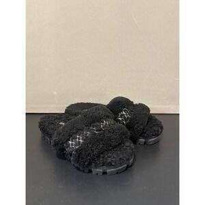 UGG Fuzzita Black Sheepskin Platform Slides Metallic Webbing Slippers